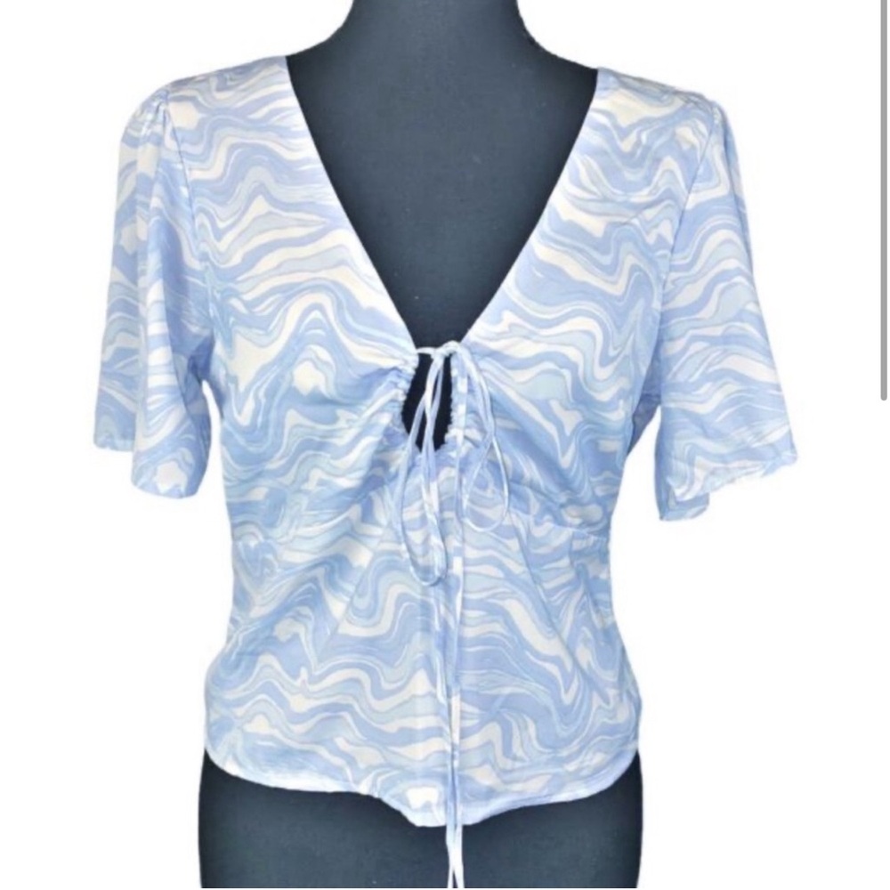 Abercrombie & Fitch Blue Flutter Sleeve Blouse with Tie Front